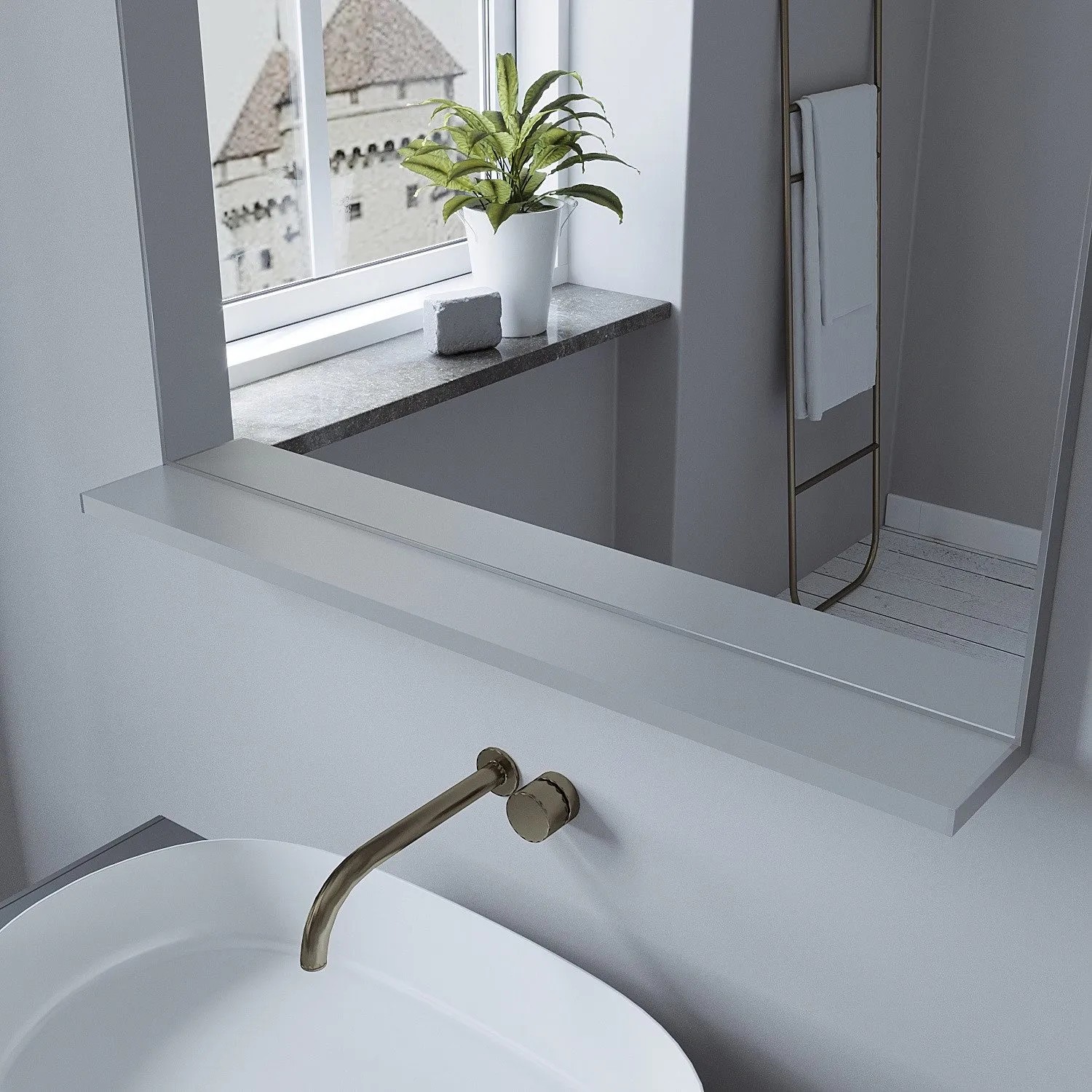 Aquabatos Badspiegel mit Ablage, rechteckig, 50x70 cm, silber matt. Wandspiegel für Badezimmer.