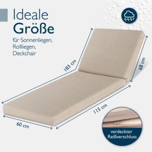 Beige Beautissu Deckchair Auflagen Set, wasserdicht, 190x60cm, mit Maßangaben.