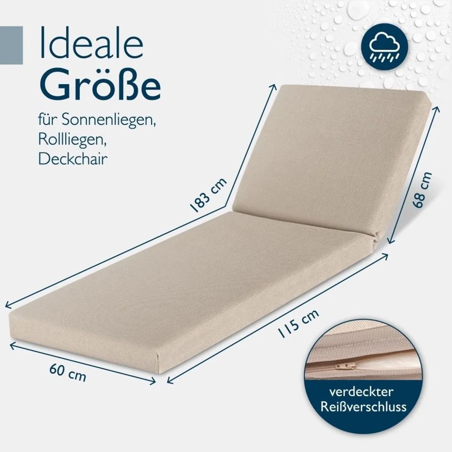 Beige Beautissu Deckchair Auflagen Set, wasserdicht, 190x60cm, mit Maßangaben.