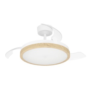 Eglo LED-Deckenventilator Malpica, weiß mit Holzoptik-Ring. Die transparenten Flügel sind eingezogen, wirkt wie eine Deckenleuchte.