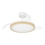 Eglo LED-Deckenventilator Malpica, weiß mit Holzoptik-Ring. Die transparenten Flügel sind eingezogen, wirkt wie eine Deckenleuchte.