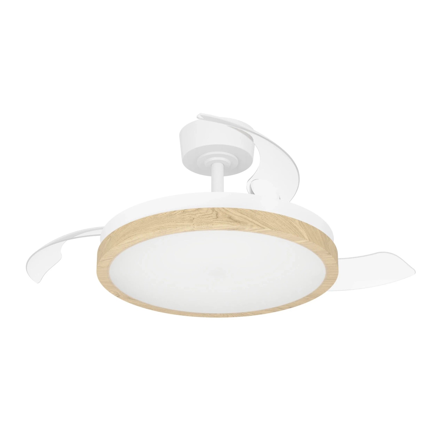 Eglo LED-Deckenventilator Malpica, weiß mit Holzoptik-Ring. Die transparenten Flügel sind eingezogen, wirkt wie eine Deckenleuchte.