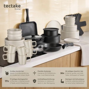 Tectake Küchenstarterset mit Geschirr und Kochtöpfen aus Steingut und Aluminium mit Antihaftbeschichtung.
