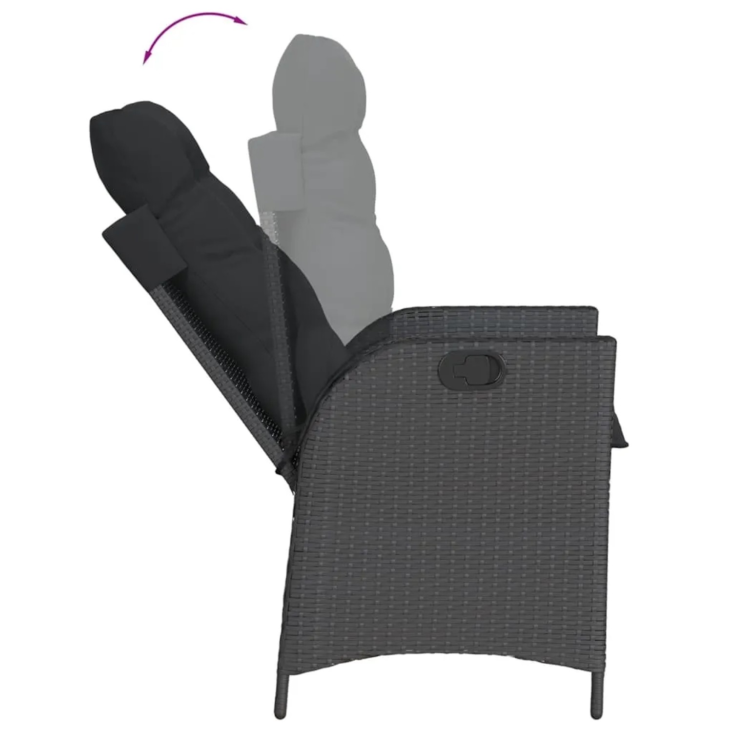 Verstellbarer Gartenstuhl aus Poly Rattan, Teil der vidaXL 5-tlg Essgruppe, mit schwarzem Kissen. Rückenlehne verstellbar.