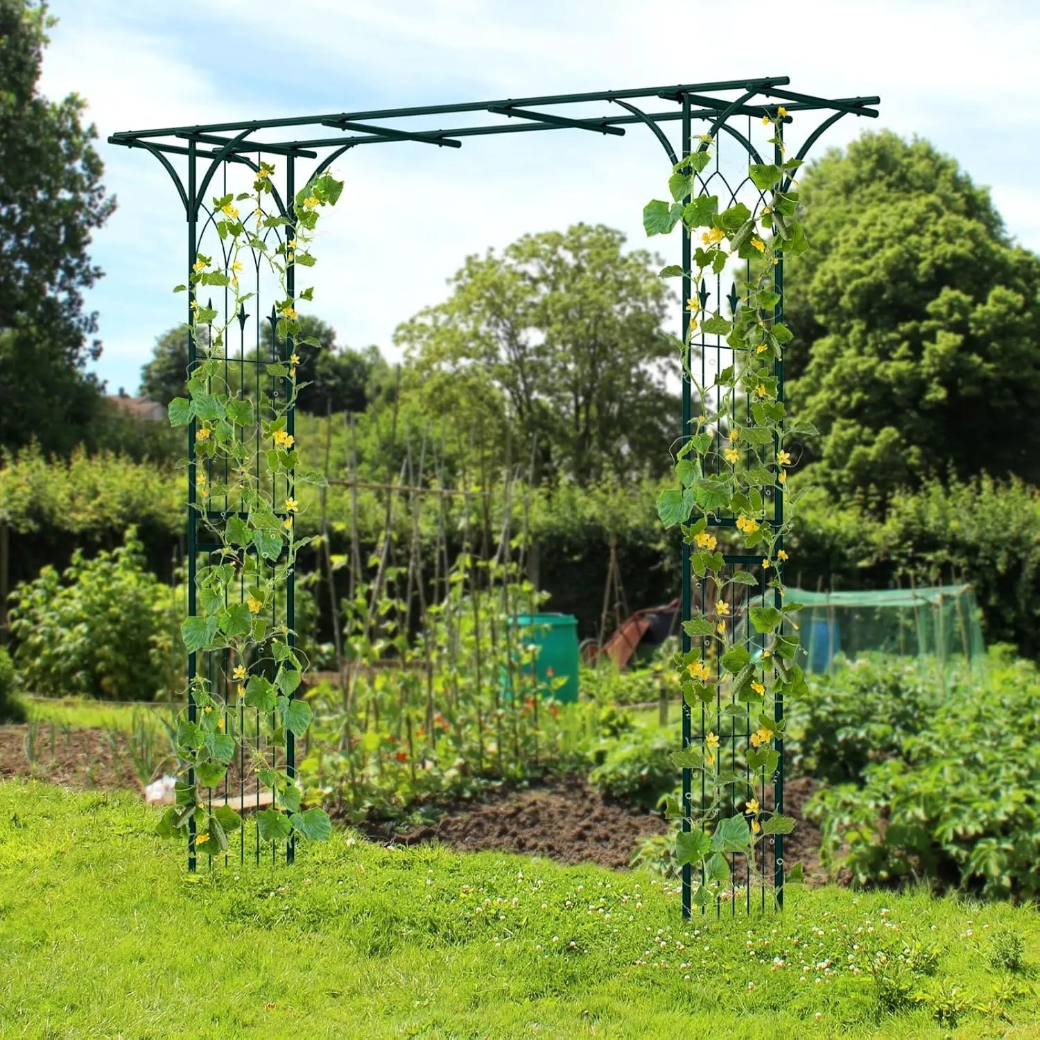 Grüner Costway Rosenbogen aus Metall, 205x52x205cm, mit Pflanzen bewachsen.