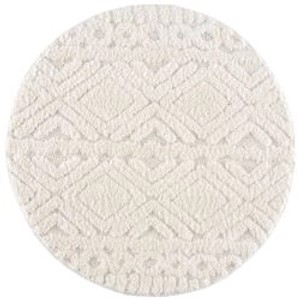 Runder, pastellcremefarbener Hochflor Teppich Nara mit Boho-Rautenmuster, 120x120 cm.