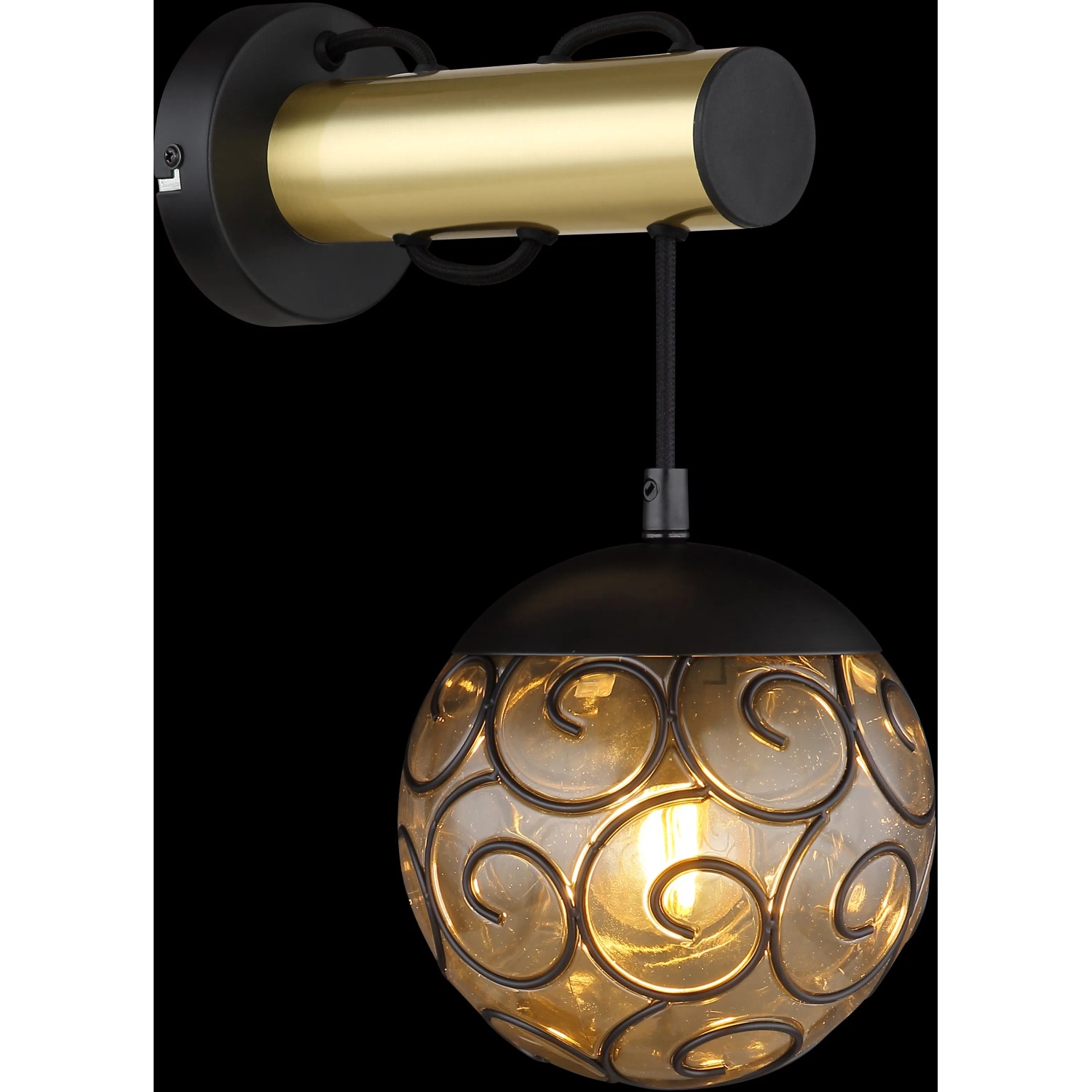 Moderne Globo Wandlampe Fitz, schwarz-gold mit rauchfarbenem Glasschirm. Dekorative Innenleuchte.