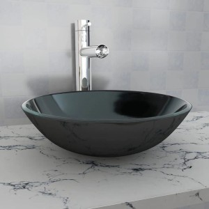 Schwarzes vidaXL Waschbecken aus Hartglas, 42 cm Durchmesser.