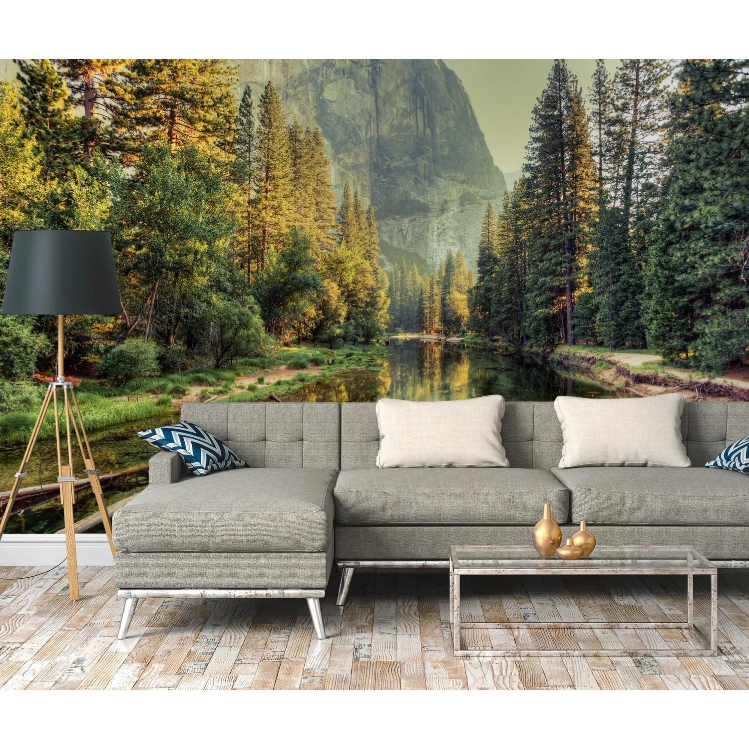 Fototapete mit Wald, Fluss und Berglandschaft in Grün- und Gelbtönen.