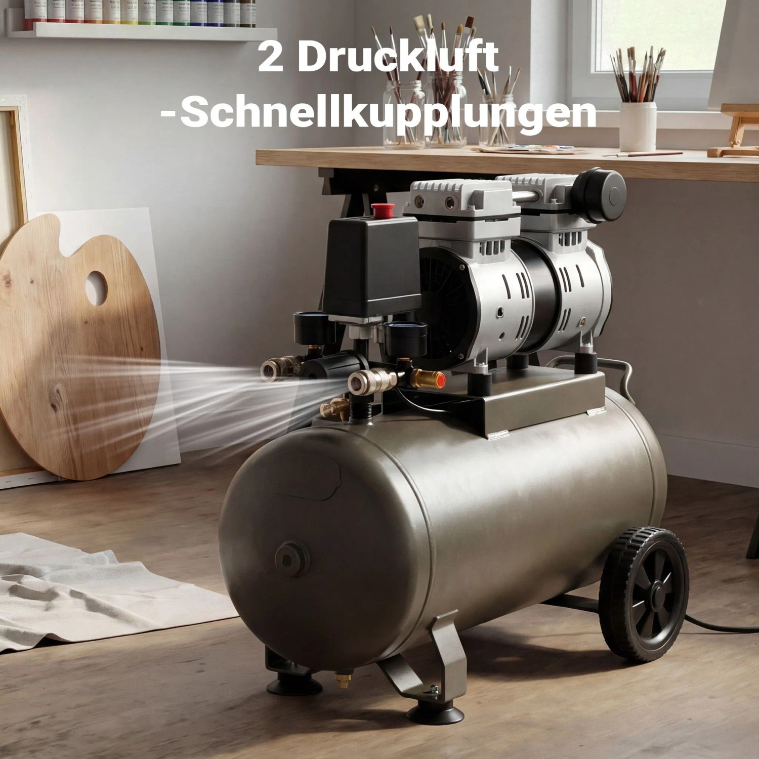 Wiltec Druckregler für Kompressor: 2 Druckluft-Schnellkupplungen mit Luftstrom, präzise Druckregelung.