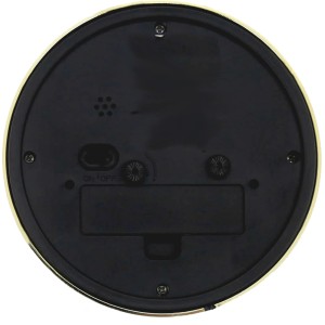 Rückseite des Wall-Art Weckers (Ø 11,2 cm) in Gold-Optik mit Rosa, Details zu Batterie und Einstellungen.