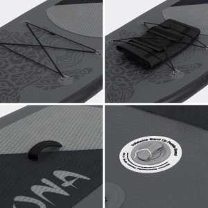 Detailansicht des schwarzen ECD Germany Stand Up Paddle Boards Maona, mit Zubehör und Ventil.