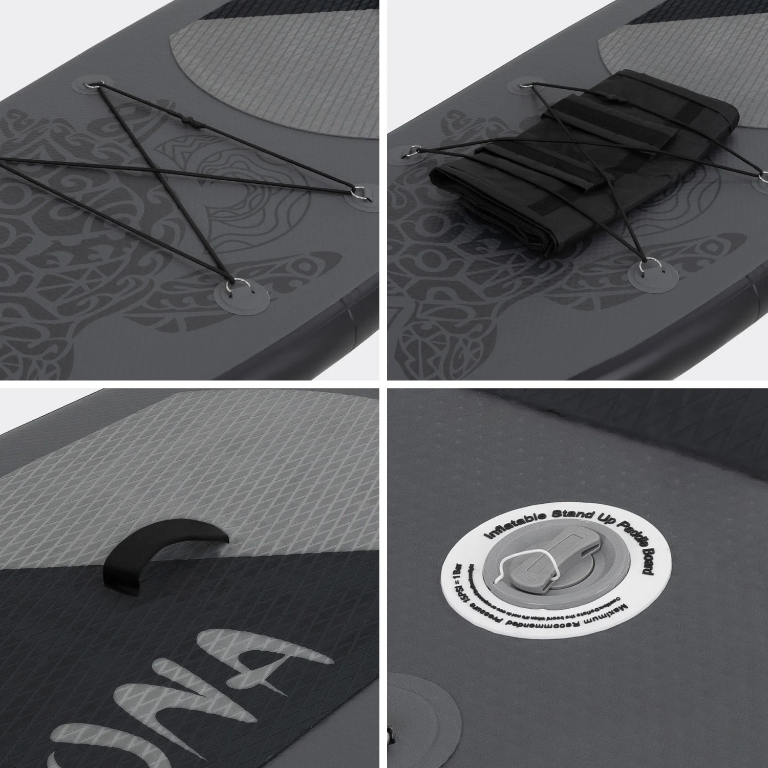 Detailansicht des schwarzen ECD Germany Stand Up Paddle Boards Maona, mit Zubehör und Ventil.