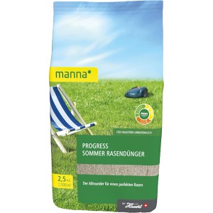 Packung Manna Progress Sommer Rasendünger 2,5kg für einen grünen Rasen im Sommer.