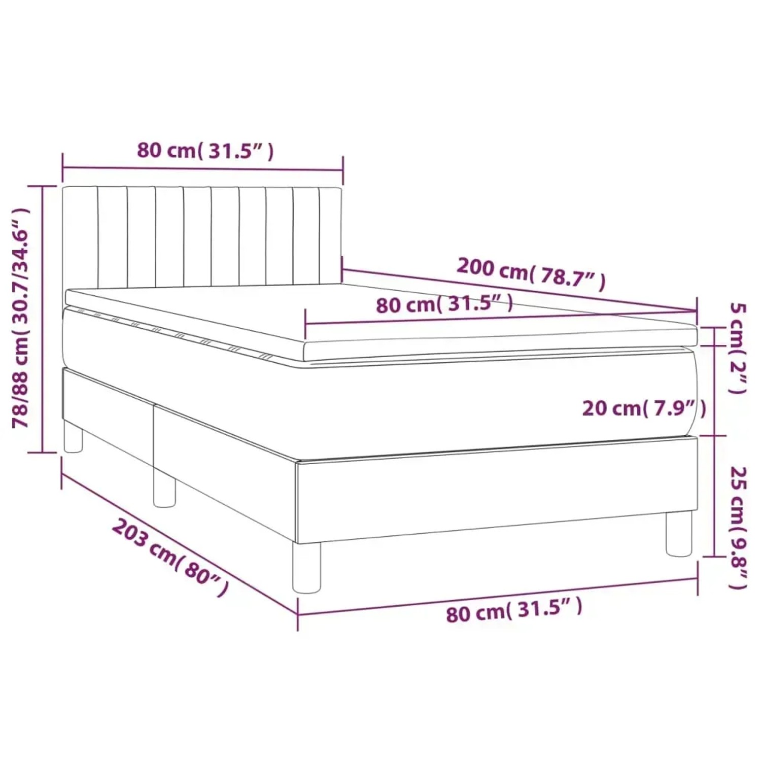 Skizze Boxspringbett Taupe 80x200 cm mit Matratze und Kopfteil, Maße eingezeichnet.