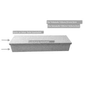 Pedras Salgadas Außentreppenbelag, geflammt, 120 cm breit, für Steigungen bis 18 cm. Granitstufe in Grau.