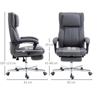 Grauer Vinsetto Bürostuhl Leinenoptik, Massagefunktion, höhenverstellbar, ausziehbare Fußstütze. Mit Maßen.