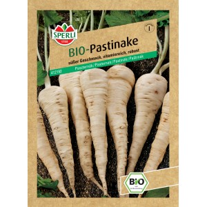 Samenpackung Sperli Bio-Pastinake: Cremefarbene, kegelförmige Wurzeln, vitaminreiches Gemüse.