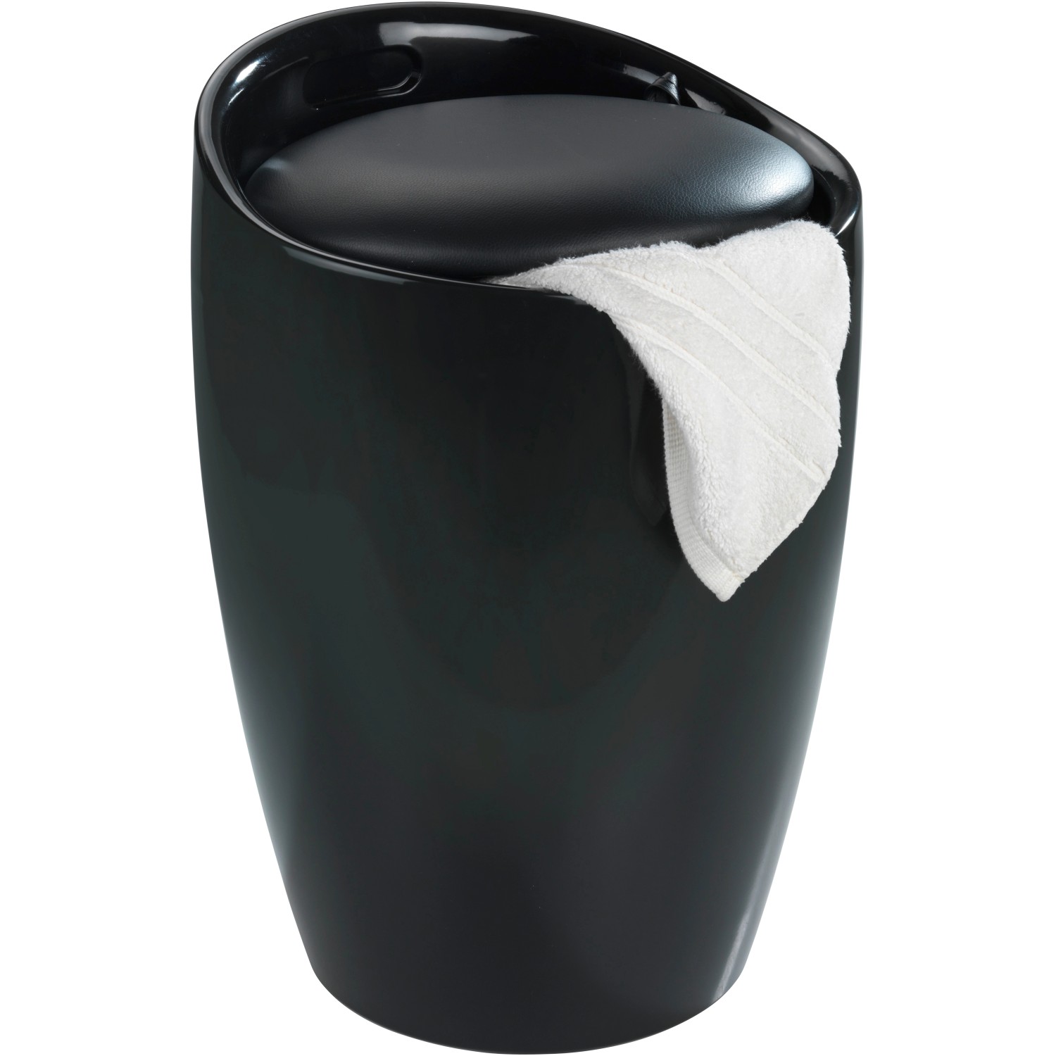 Schwarzer Wenko Badhocker Candy mit Wäschesack, gepolsterter Sitzfläche und Handtuch.