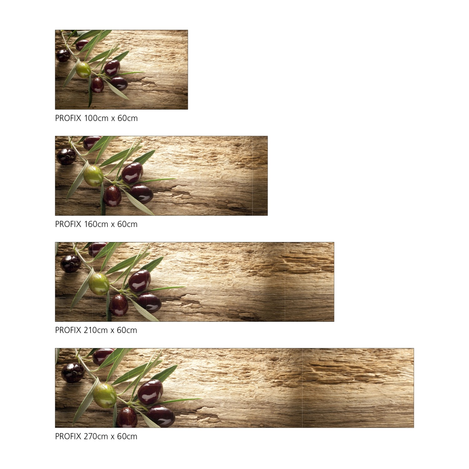 MySpotti Küchenrückwand Profix Cucina Mediterran mit Oliven auf Holzoptik.