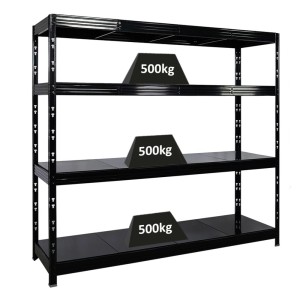 Schwarzes PROREGAL Schwerlastregal Rhino mit 4 Stahlplatten-Ebenen, Fachlast 500kg, Stecksystem.