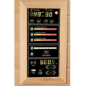 Bedienfeld der Dewello Infrarotkabine Pierson Pro mit Temperatur-, Strahler- und Audioeinstellungen.