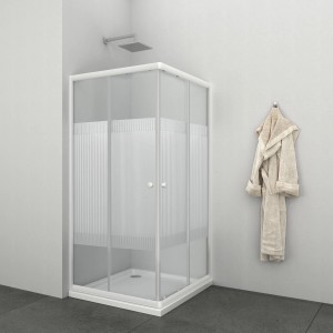Sanotechnik Eckdusche 90x90 mit weißen Profilen und Streifenmuster auf dem Glas.