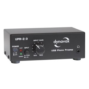 Schwarzer Dynavox UPR-2.0 USB Phono-Vorverstärker für Schallplattenwiedergabe.