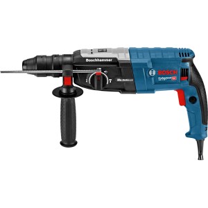 Blauer Bosch Professional Bohrhammer GBH 2-28 F mit SDS Plus Aufnahme und Zusatzhandgriff.