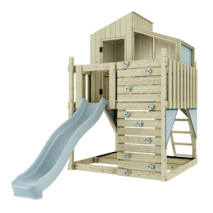 OutdoorToys Stelzenhaus Komet Eisblau mit Rutsche und Kletterwand aus Holz.