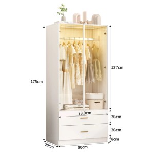 PXloue Kleiderschrank mit Stange&LED und Schublade für Ankleidezimmer und Schlafzimmer 80x50x175cm