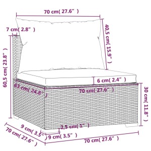 Skizze eines schwarzen 3-Sitzer Gartensofas aus Rattan mit Kissen, Maße sind eingezeichnet.