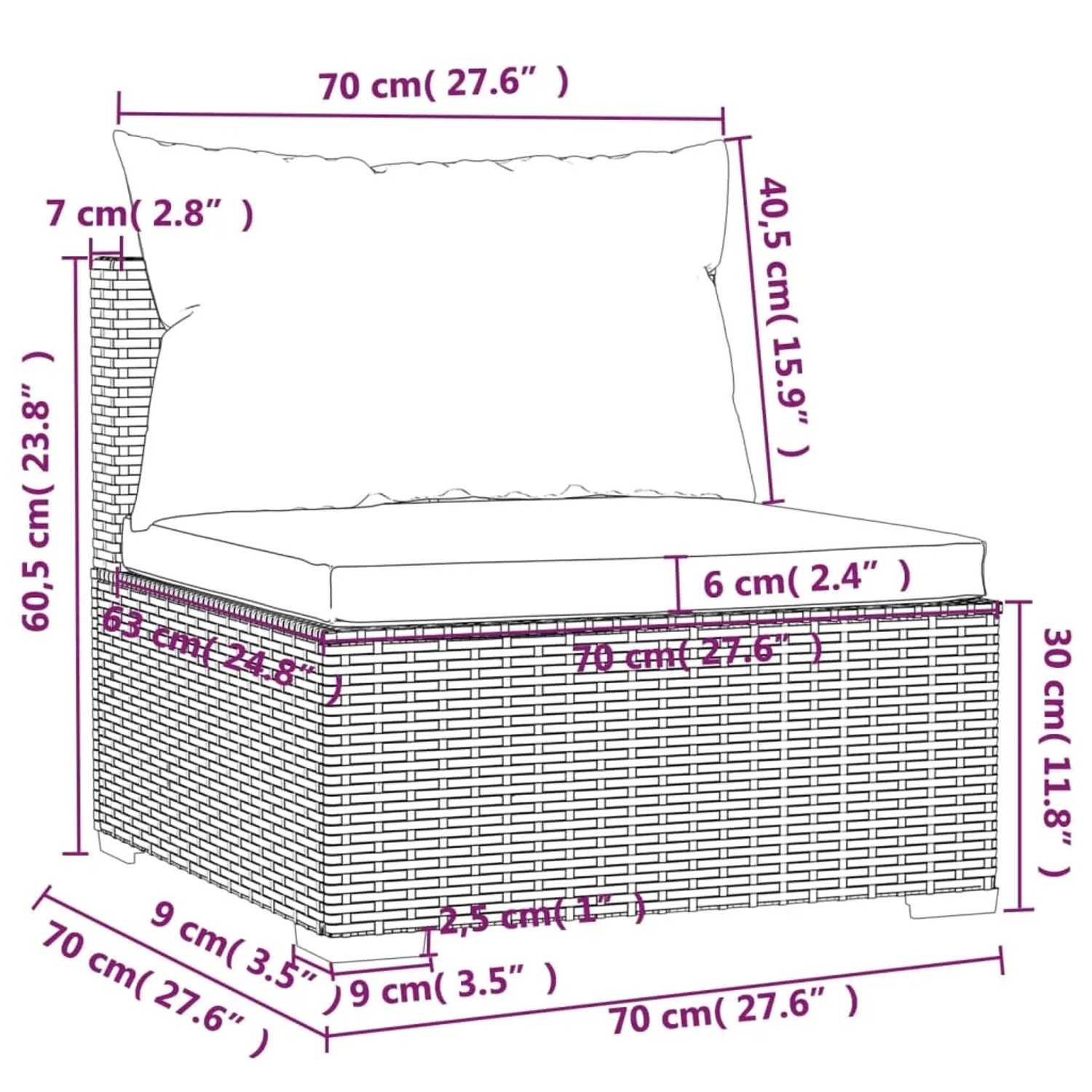 Skizze eines schwarzen 3-Sitzer Gartensofas aus Rattan mit Kissen, Maße sind eingezeichnet.