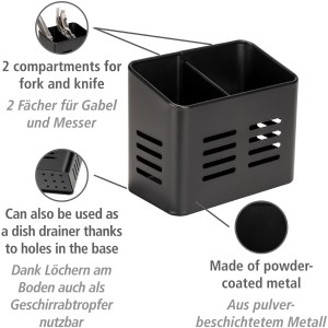 Wenko Besteckkorb Baco Black für die Outdoor Kitchen, schwarz, mit 2 Fächern und Abtropffunktion.