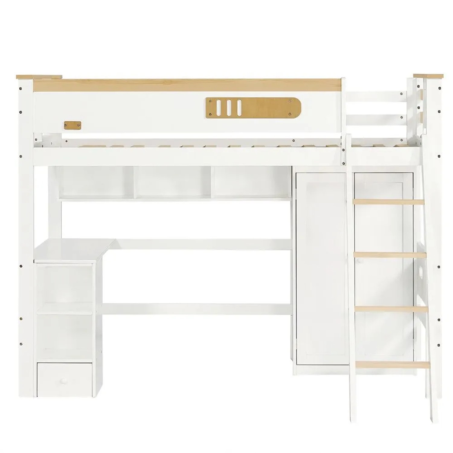 KOMHTOM Etagenbett 90x200Cm Kinderbett Mit Fallschutzgitter Tisch Kleiderschrank Regal Und Leiter Kiefer Weiß+Natur Ohne Matratze