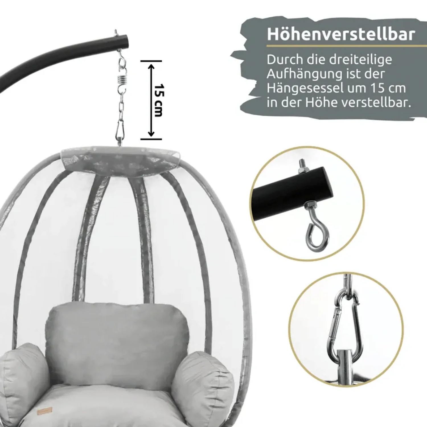 Grauer Hängesessel mit Gestell, höhenverstellbar um 15 cm. Detail der Aufhängung mit Kette und Karabiner.