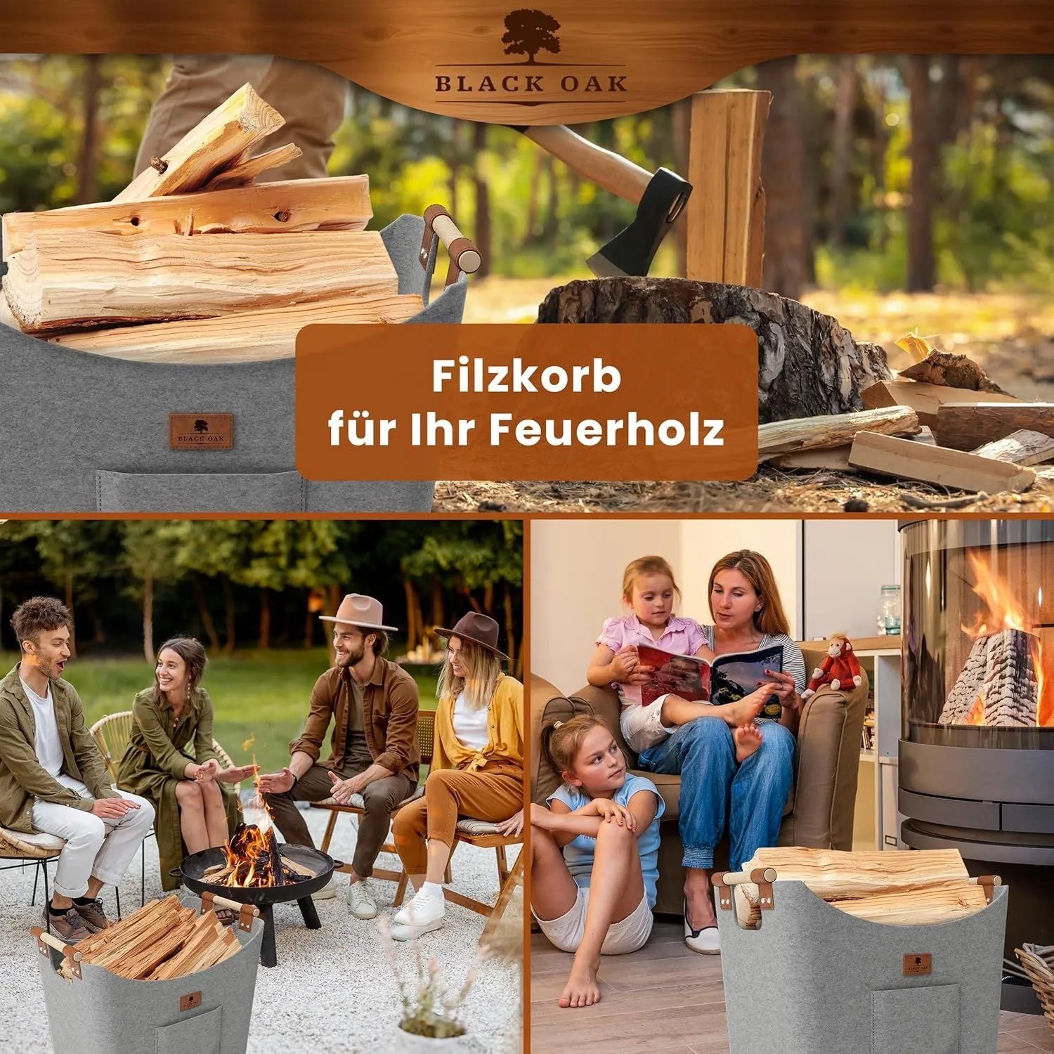 BLACK OAK Holzkorb MONTANA XL 60L Hellgrau – Filzkorb für Kaminholz & Brennholz mit Robusten Holzgriffen mit Echtleder-Applikation und Fronttasche_8
