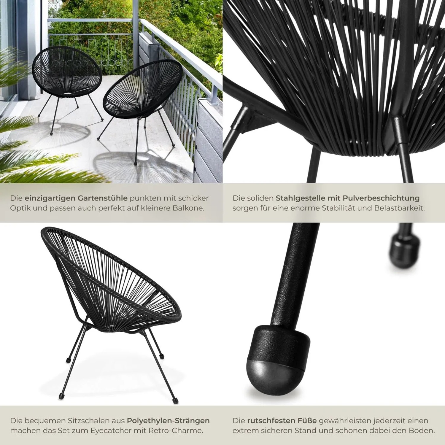 Zwei schwarze Tectake Gartenstühle Santana im Acapulco-Stil mit Polyethylen-Schnurbespannung auf Balkon.