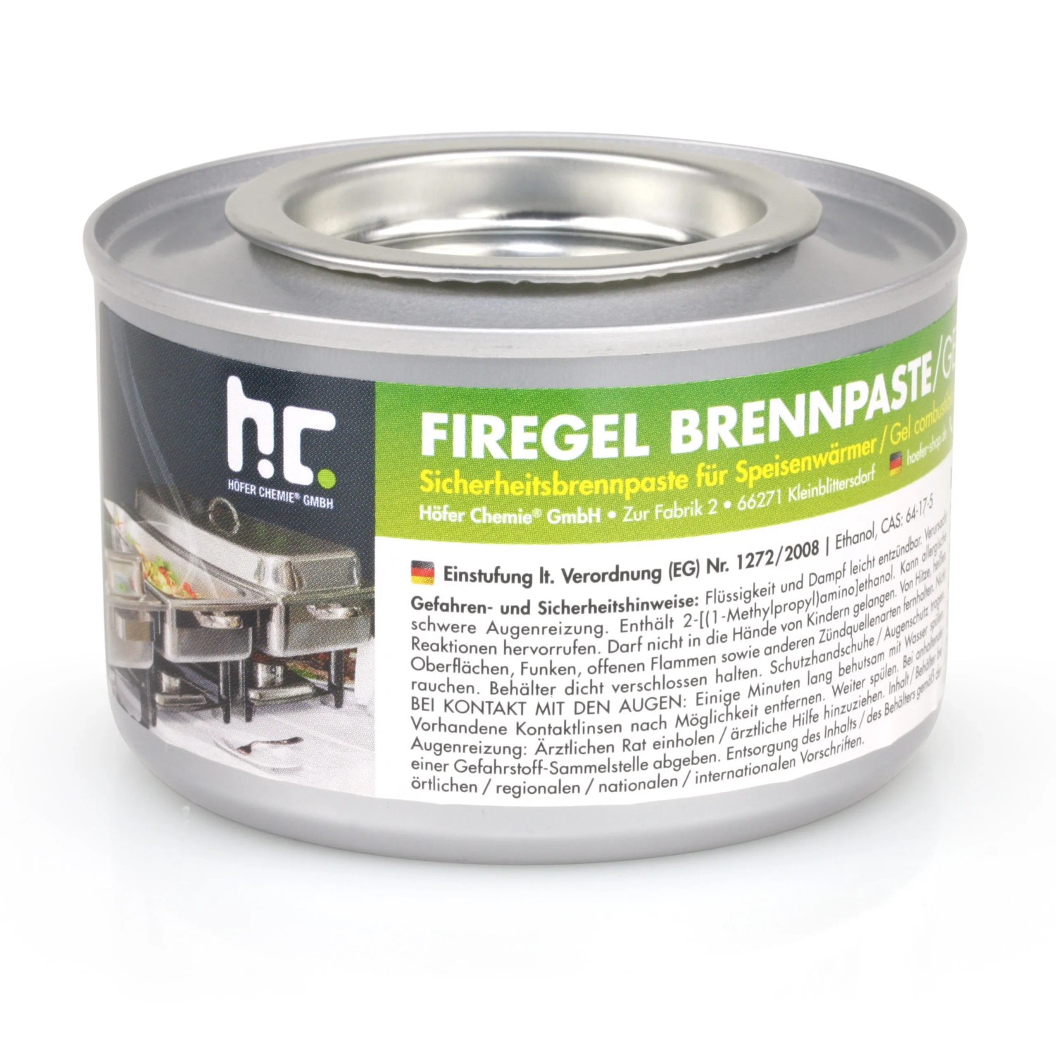 Dose Flambiol Firegel Brennpaste zum Warmhalten von Speisen, silberfarben.