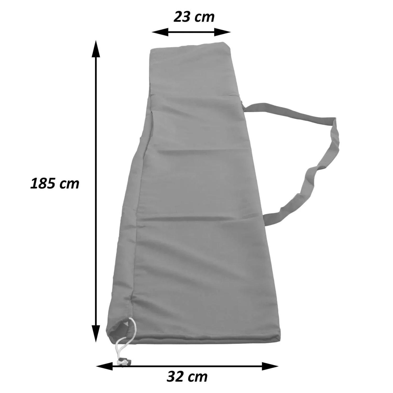 Anthrazitfarbene Schutzhülle für Sonnenschirm mit Kordelzug, 185 cm hoch. Schützt vor Witterung.