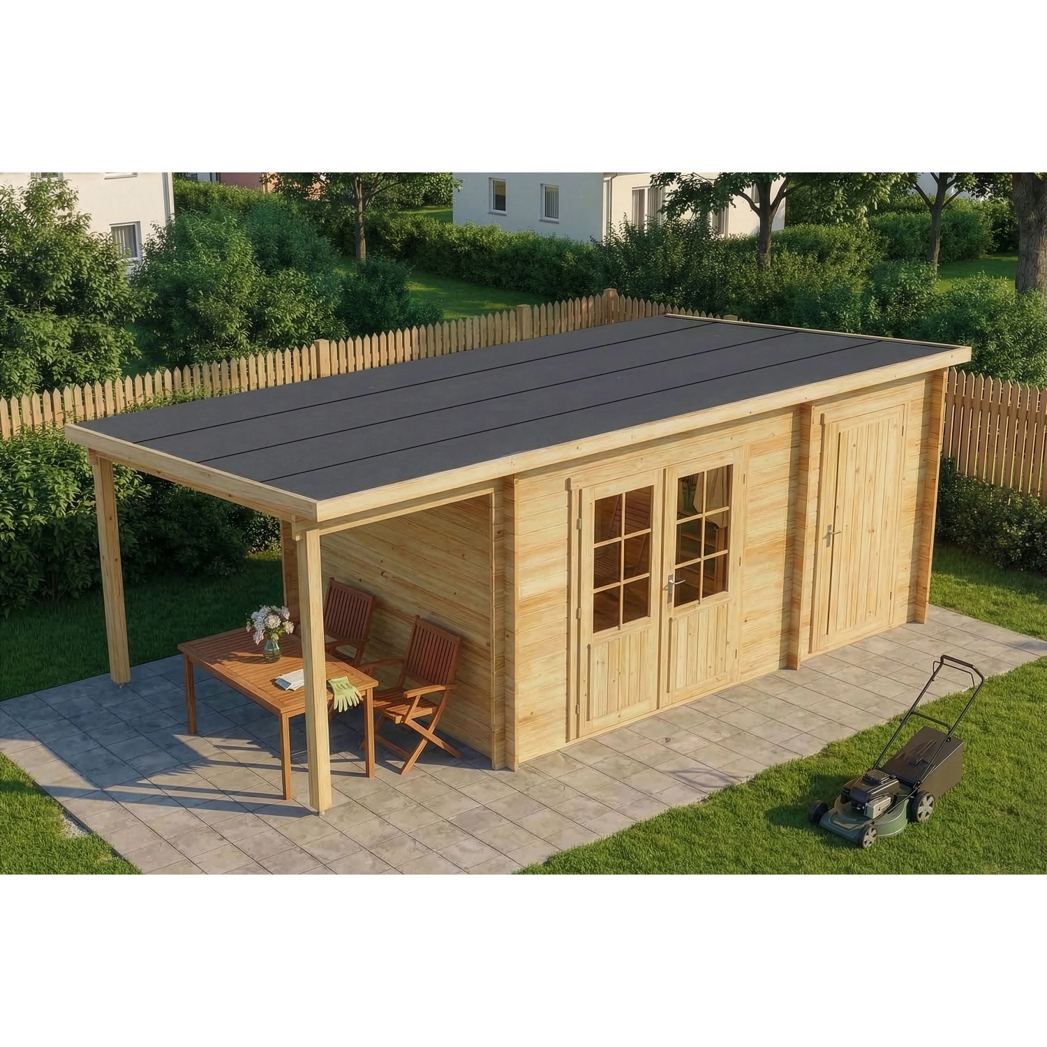 Alpholz Gartenhaus Maria mit Schleppdach, 450x250 cm, Naturholz. Holz-Gartenhaus mit Doppeltür und Anbau.