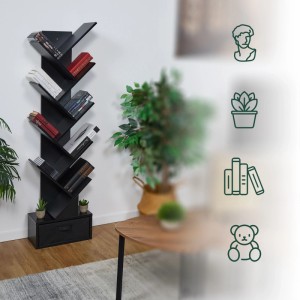 Schwarzes Relaxdays Bücherregal in Baumform mit Schublade, 146 cm hoch.
