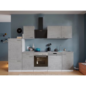 Respekta Küchenblock Malia 280 cm in Betonoptik mit E-Geräten und Dunstabzugshaube.