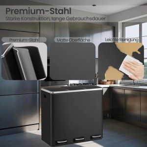 Schwarzer Songmics Mülleimer Pary mit 3 Fächern (3x18L) aus Stahl für Mülltrennung in der Küche.