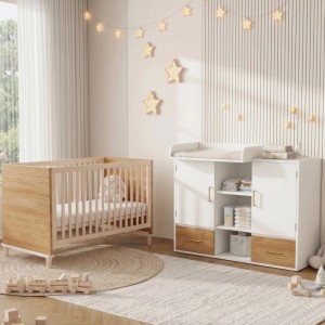 Merax Wickeltisch Set & Gitterbett in Natur/Weiß. Babybett aus Kiefernholz, Wickeltisch mit Stauraum für Babyzimmer.