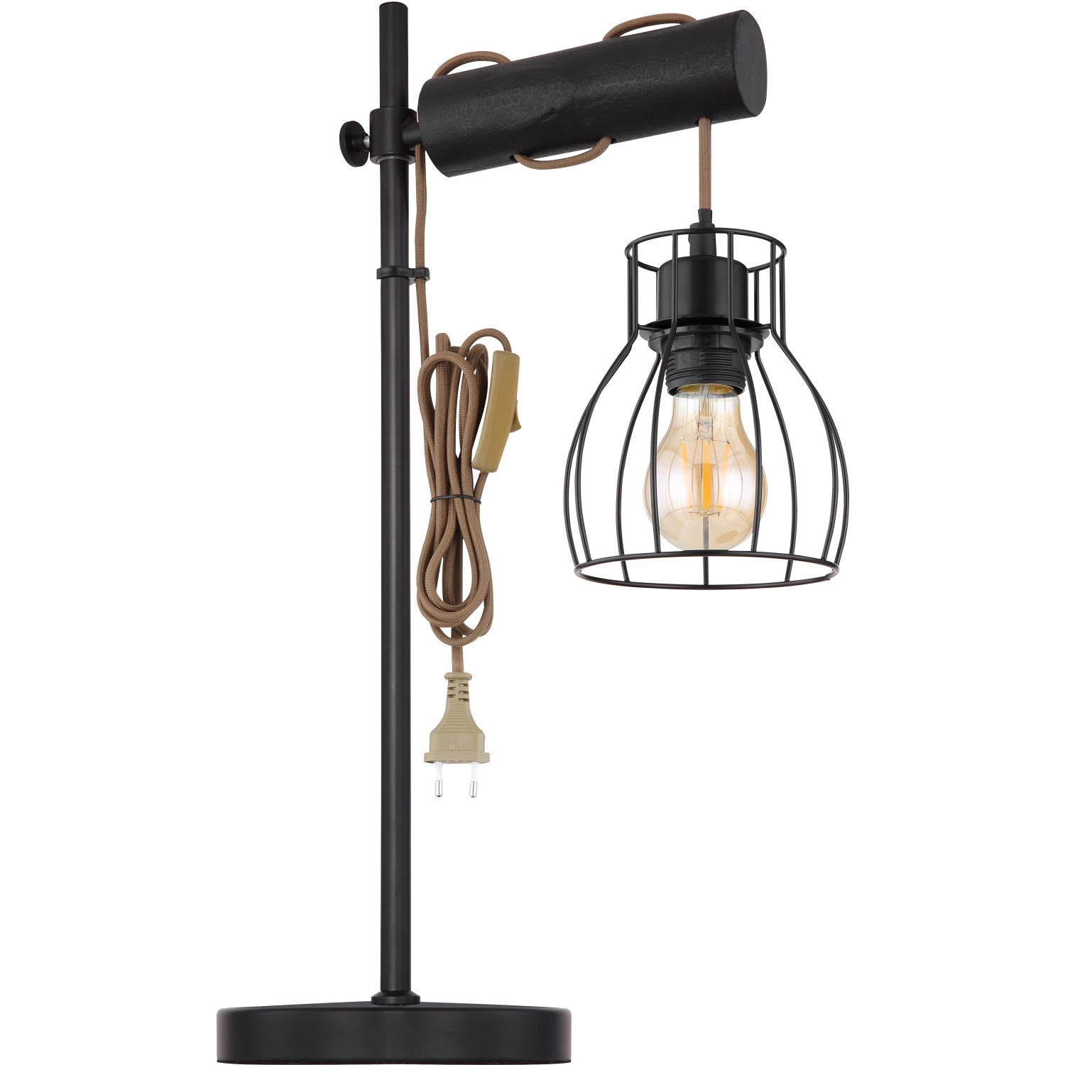 Globo Tischleuchte Mina, schwarz matt, mit Metallschirm und Holzelement. Design-Tischlampe für Innenräume.