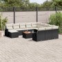 Schwarze vidaXL Garten-Sofagarnitur (13-tlg) aus Poly Rattan mit cremefarbenen Kissen.