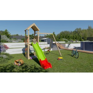 Trigano Spielturm mit Rutsche, Schaukel, Kletterwand und Sandkasten im Garten.