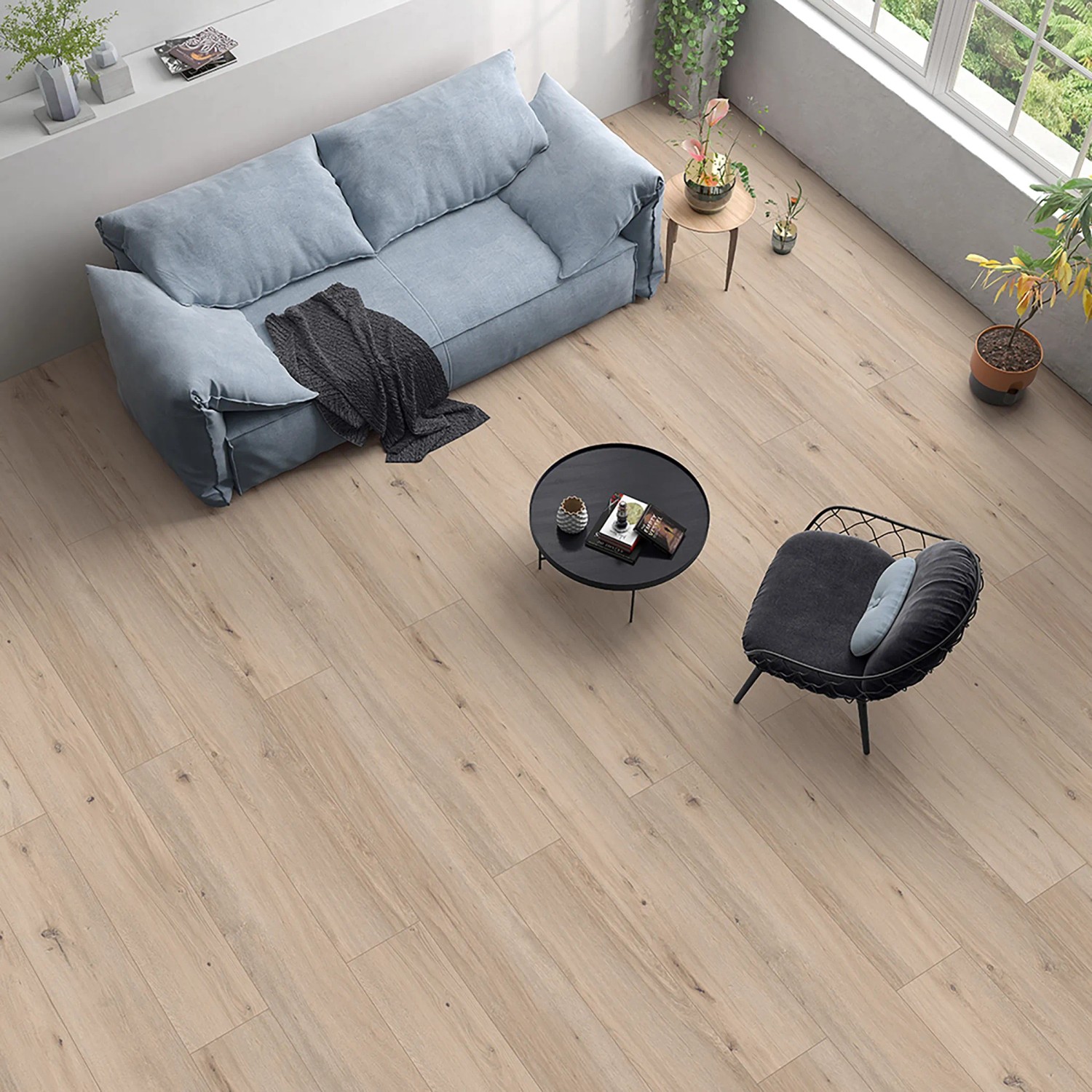 Wohnraum mit Classen Grande XXL Laminat Eiche Bellevue graubraun, verlegt als Bodenbelag.