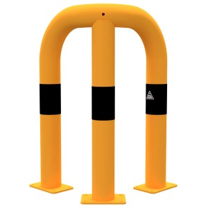 Gelb-schwarzer Schake Rammschutzbügel, Ø 76 mm, 350x650 mm, für Baugeräte und Anfahrschutz.
